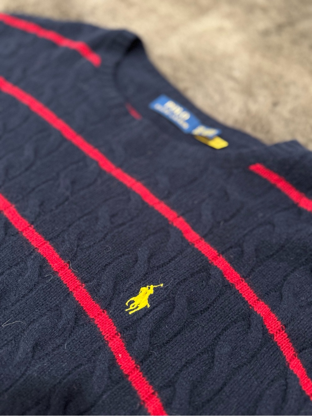 Polo by Ralph Lauren Navy Cable-Knit Crewneck with Red Stripes and Yellow Pony